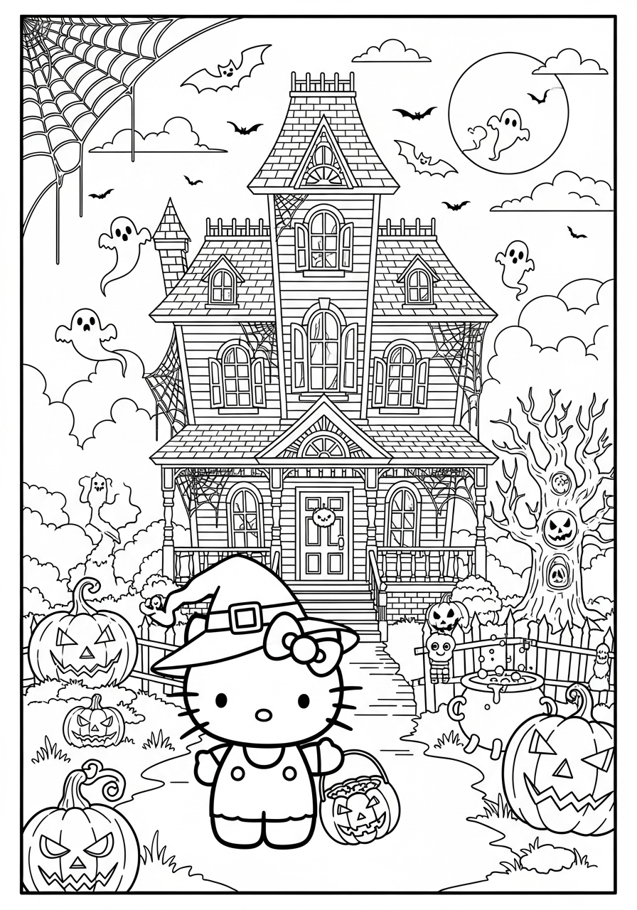 Desenho da Hello Kitty com casa fantasma para imprimir e colorir