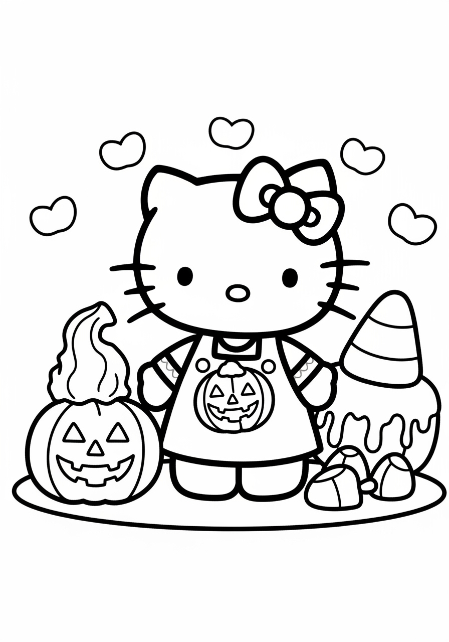 Desenho da Hello Kitty com abóbora e doces para colorir