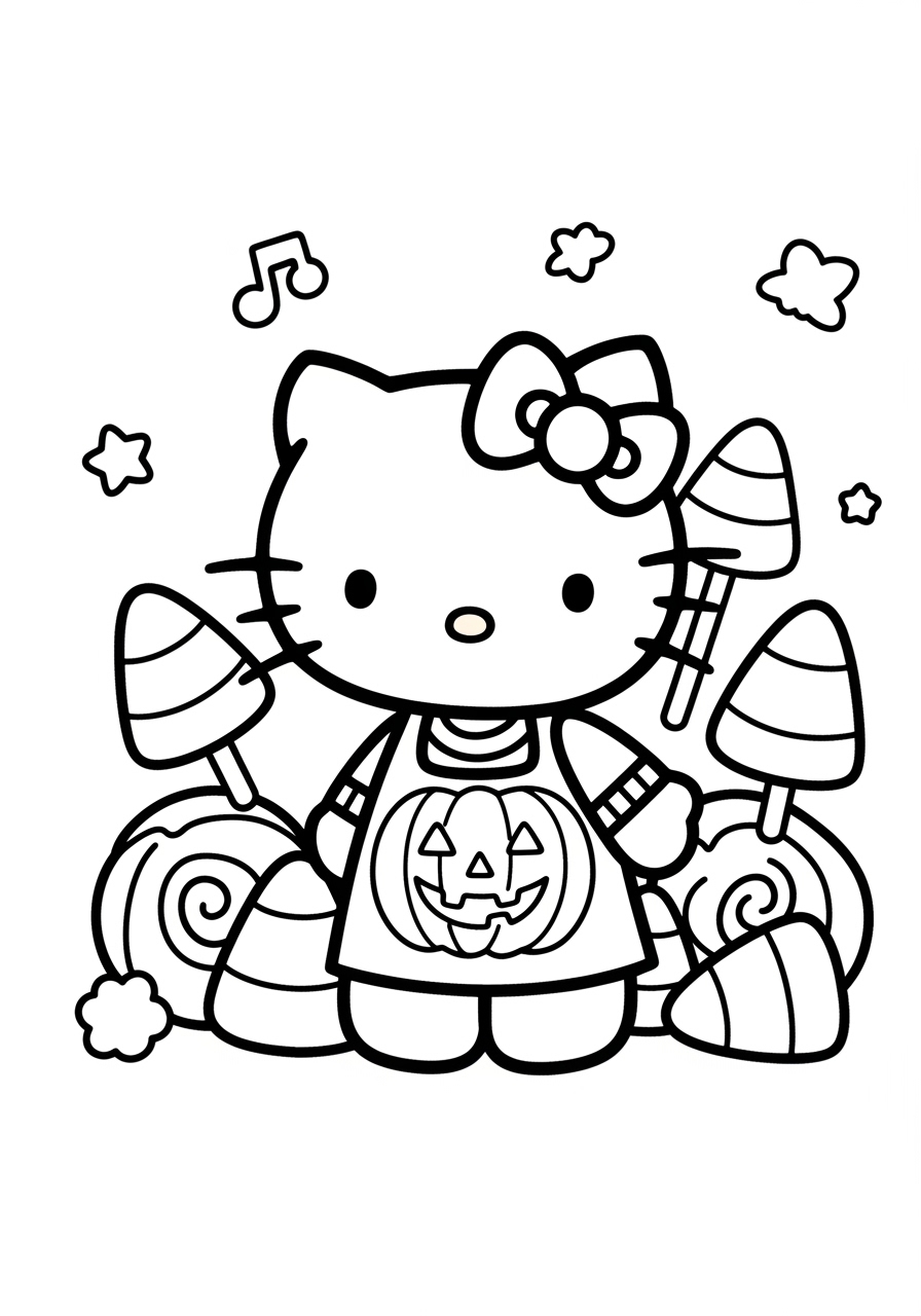 Desenho da Hello Kitty com doces de Halloween para colorir