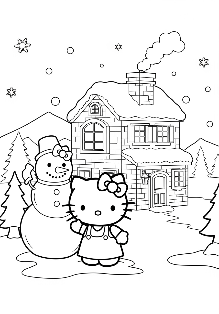 Desenho da Hello Kitty com boneco de neve e casa para colorir