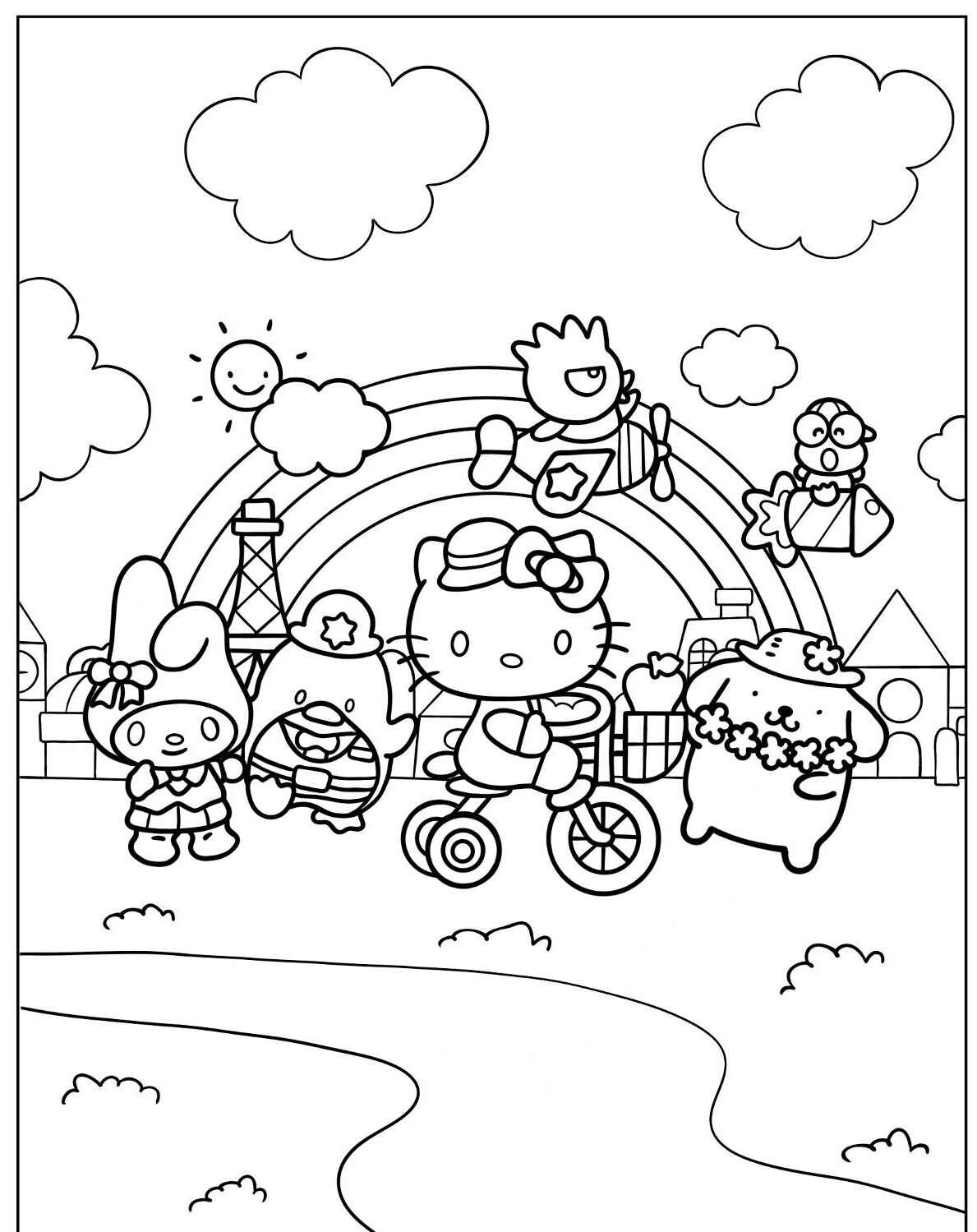 Desenho da Hello Kitty com amigos em um dia ensolarado