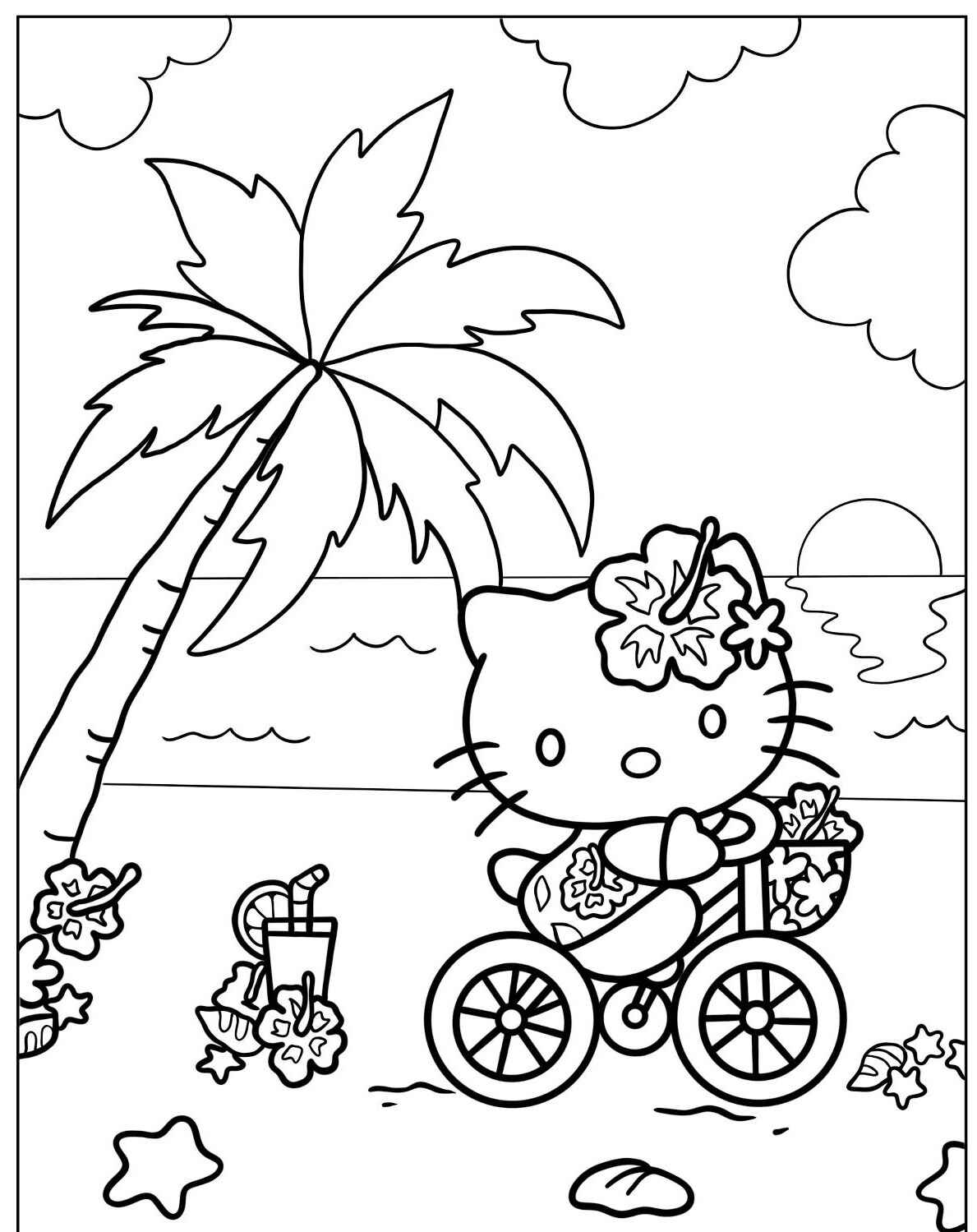 Desenho da Hello Kitty na praia para imprimir e colorir