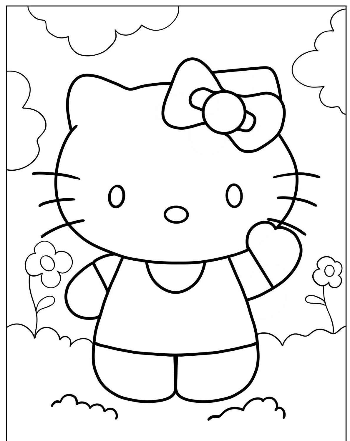 Desenho da Hello Kitty acenando com flores para colorir