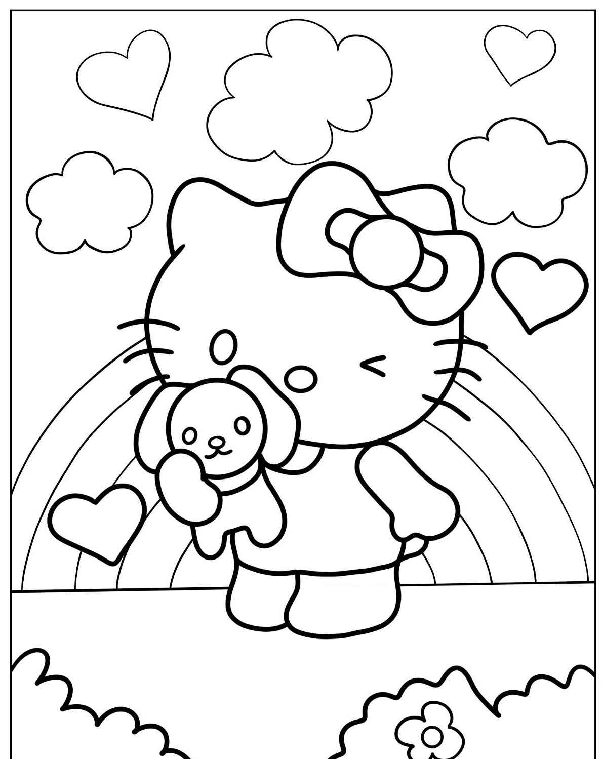 Desenho da Hello Kitty segurando um cachorro para colorir