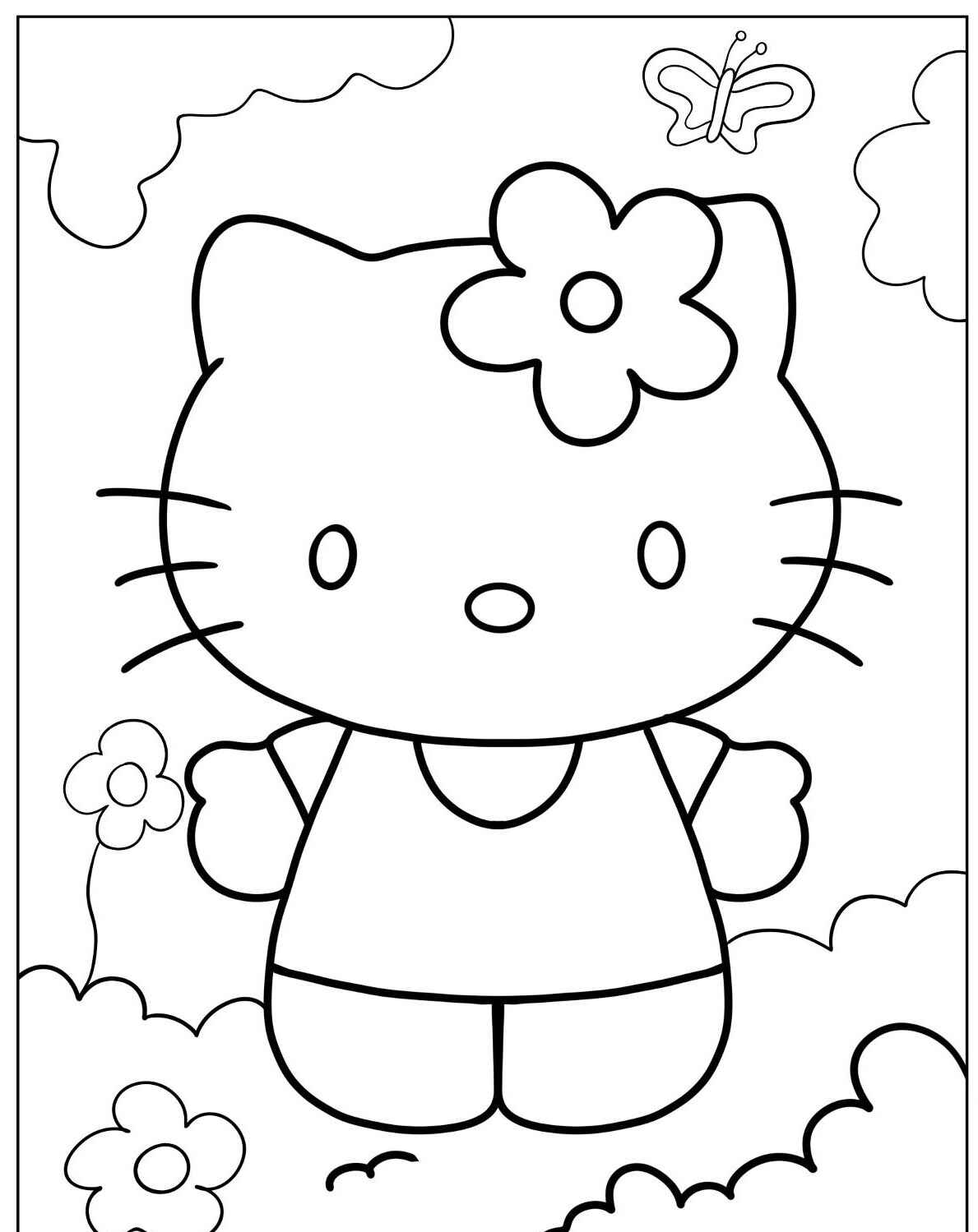 Desenho da Hello Kitty com flores para imprimir e colorir