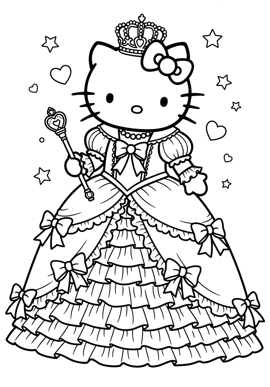 Desenho da Hello Kitty como princesa para imprimir e colorir