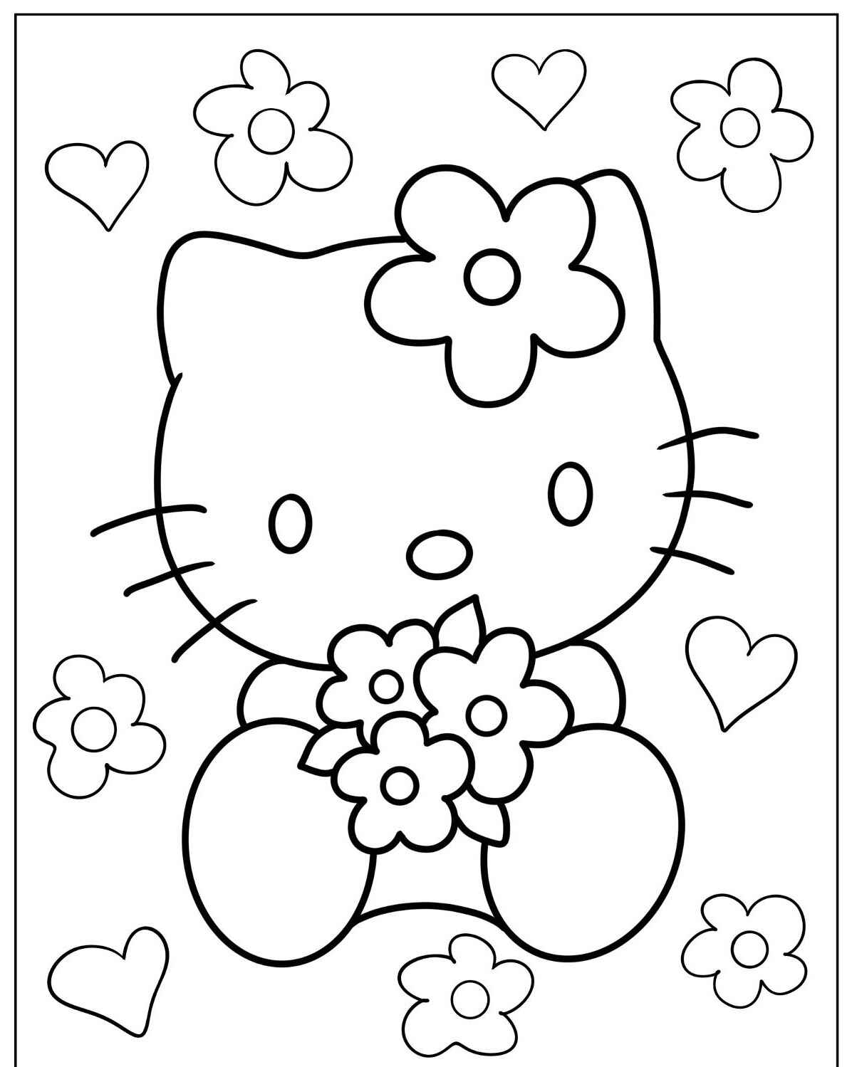 Desenho da Hello Kitty segurando flores para imprimir e colorir