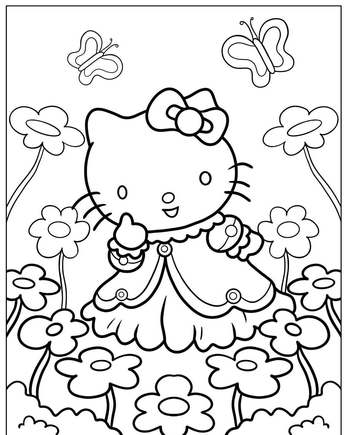Desenho da Hello Kitty com flores e borboletas para colorir