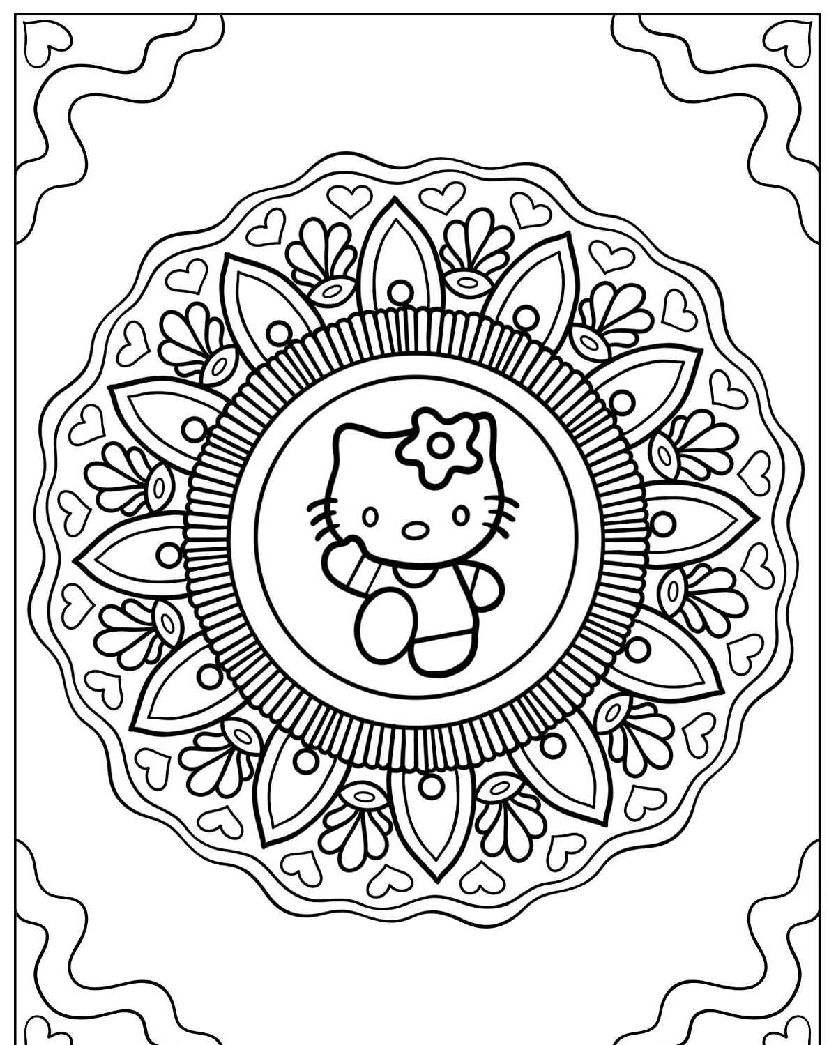 Desenho da Hello Kitty com flores e corações para colorir