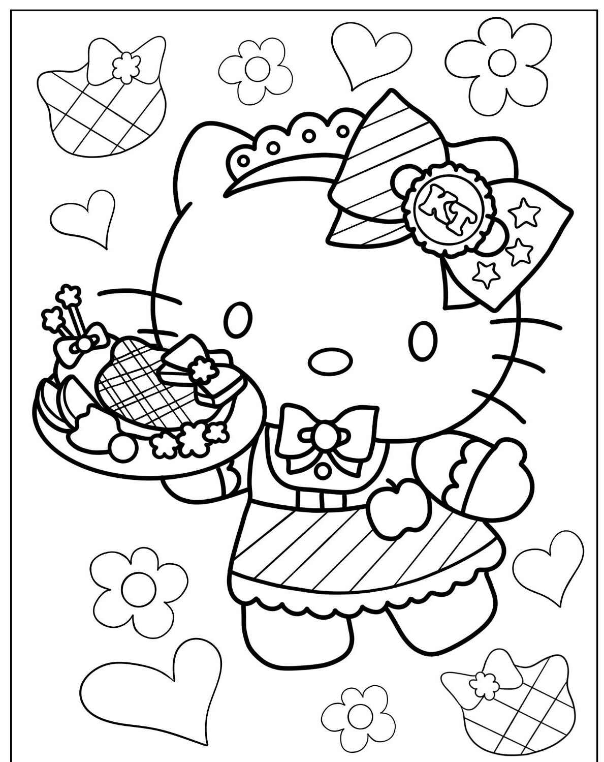 Desenho da Hello Kitty com prato de doces para colorir