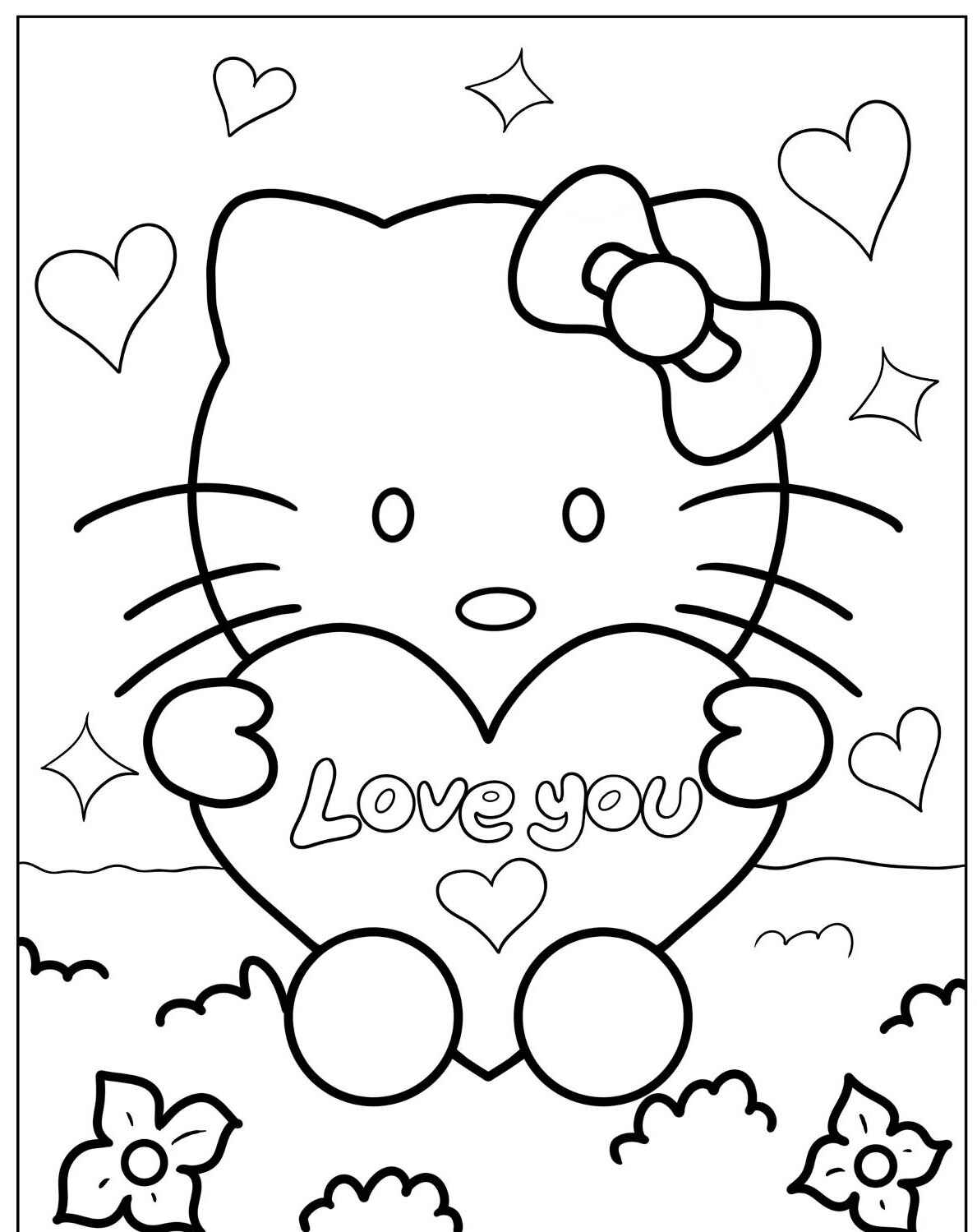 Desenho da Hello Kitty segurando um coração para imprimir e colorir