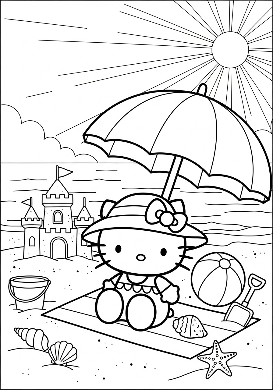 Desenho da Hello Kitty na praia para imprimir e colorir