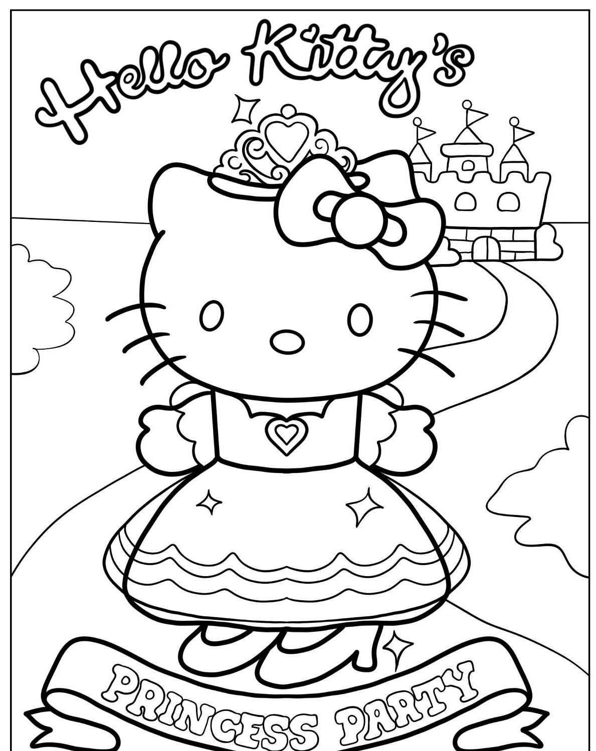 Desenho da Hello Kitty em festa de princesa para colorir