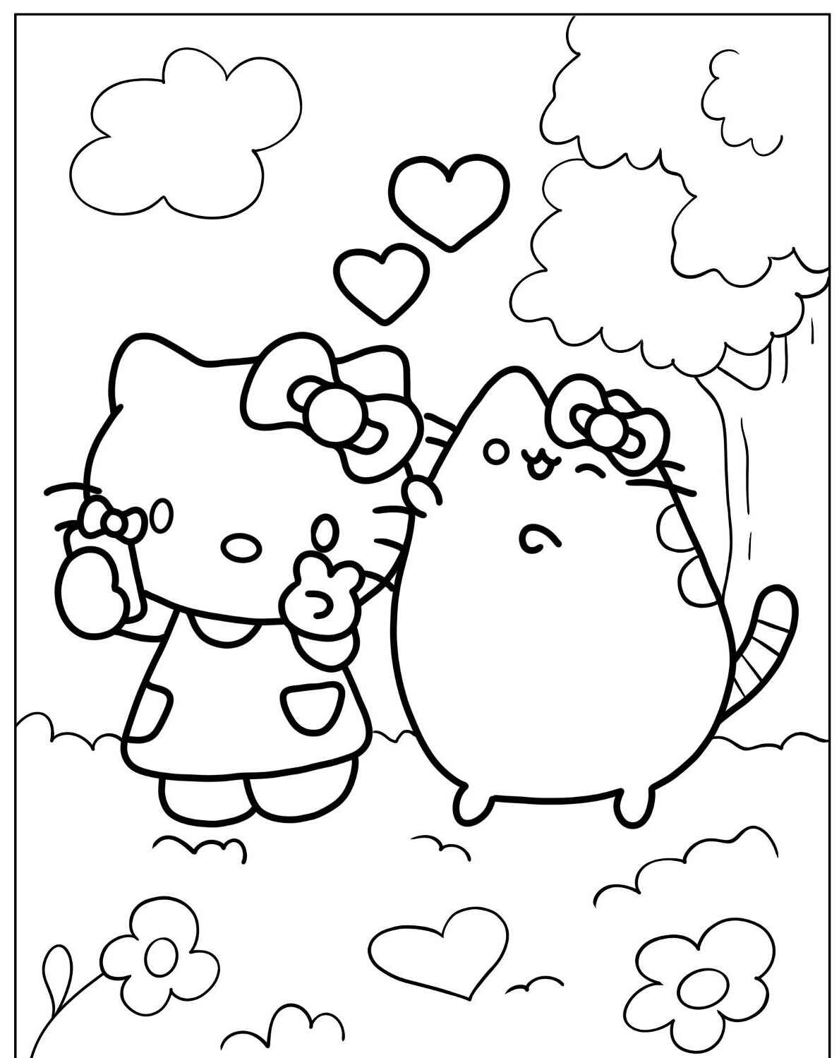 Desenho da Hello Kitty com seu amigo gato para colorir