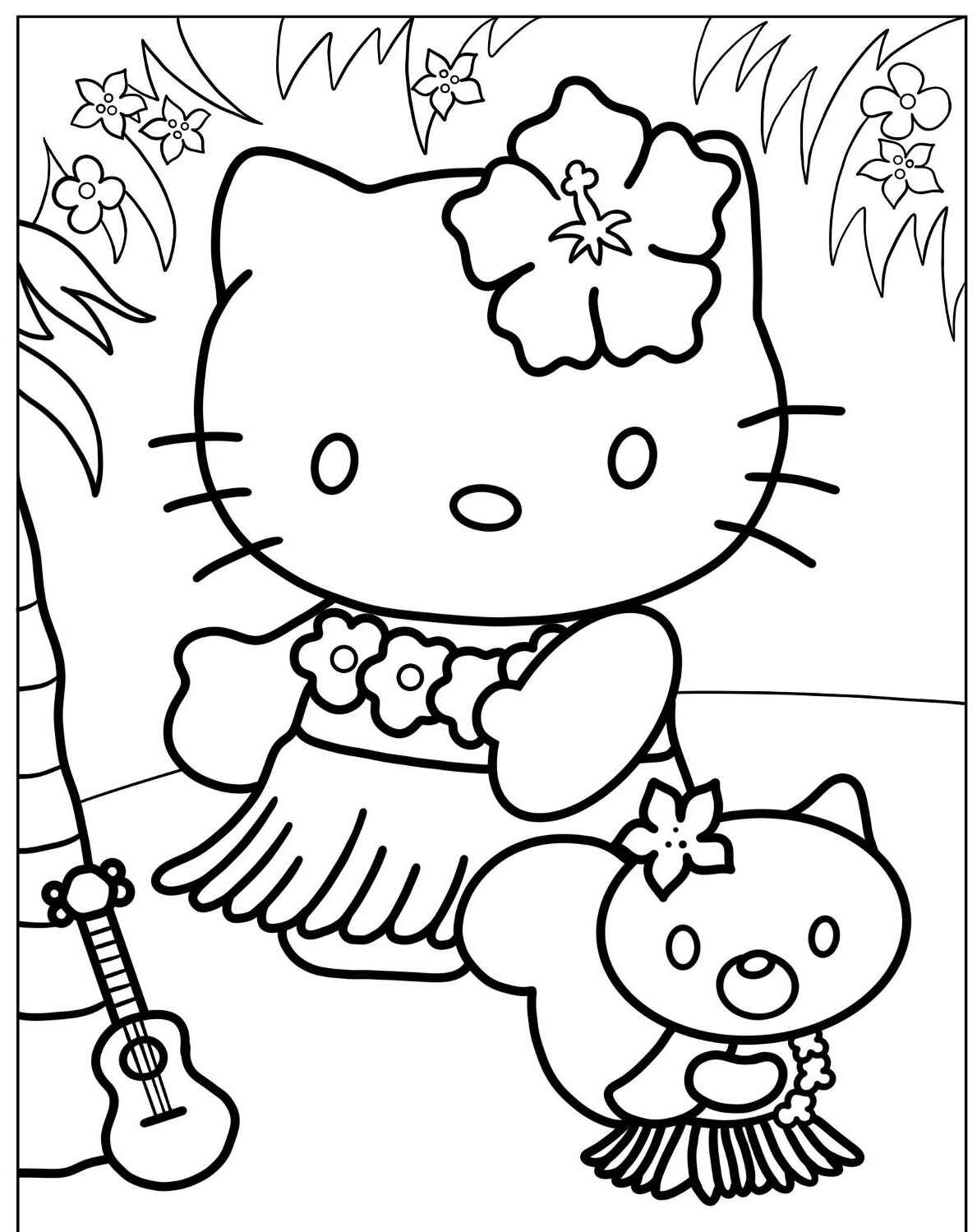 Desenho da Hello Kitty e amiga em traje havaiano para colorir