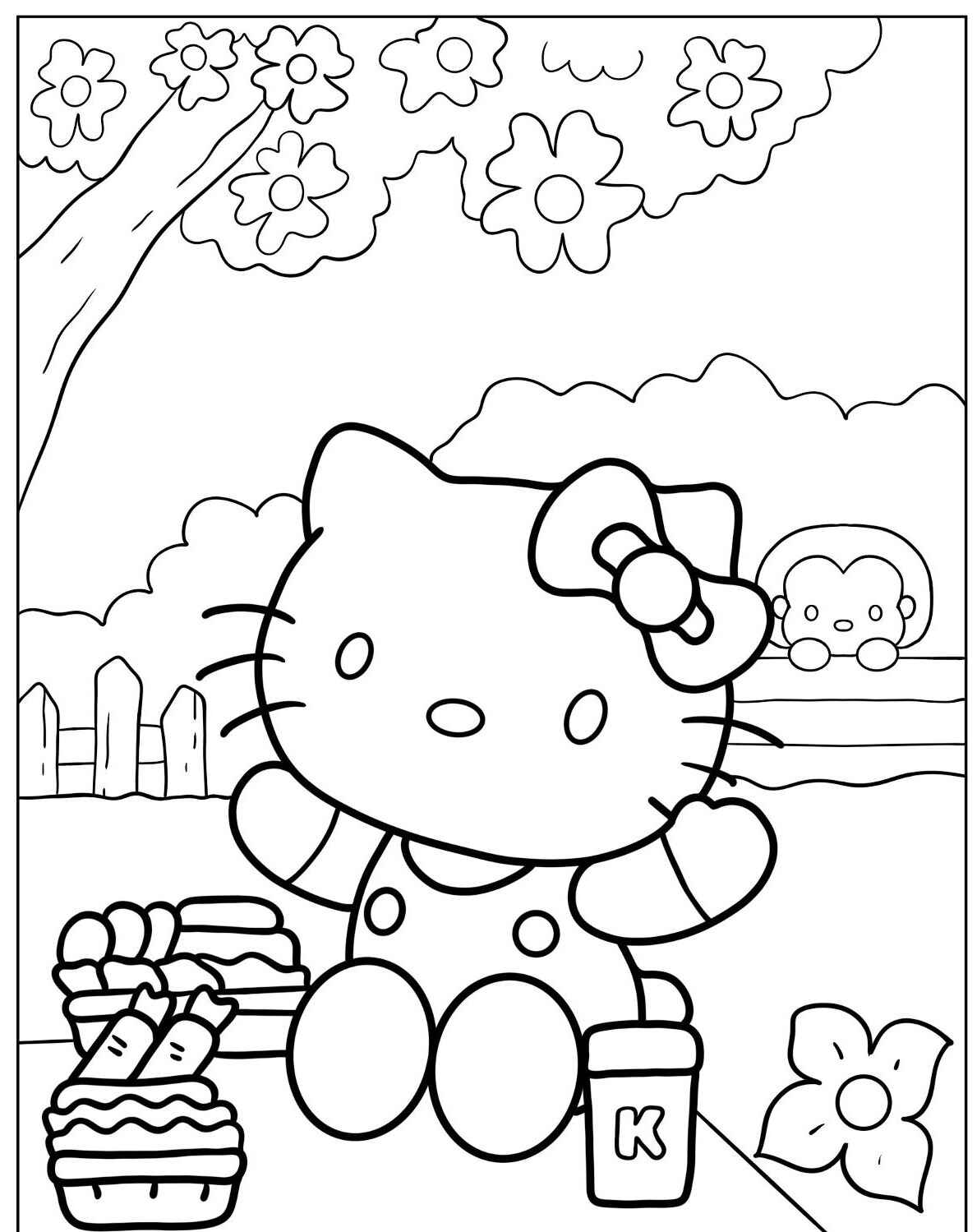 Desenho da Hello Kitty com lanches para imprimir e colorir