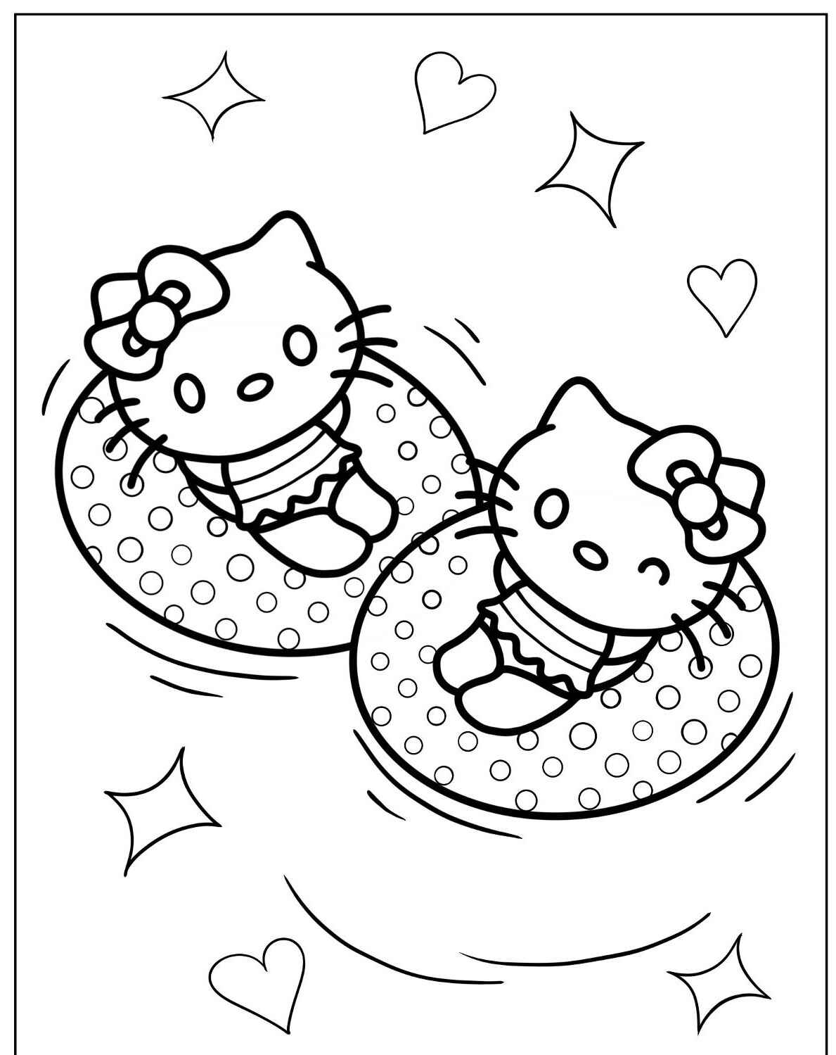Desenho da Hello Kitty brincando no parque aquático para colorir