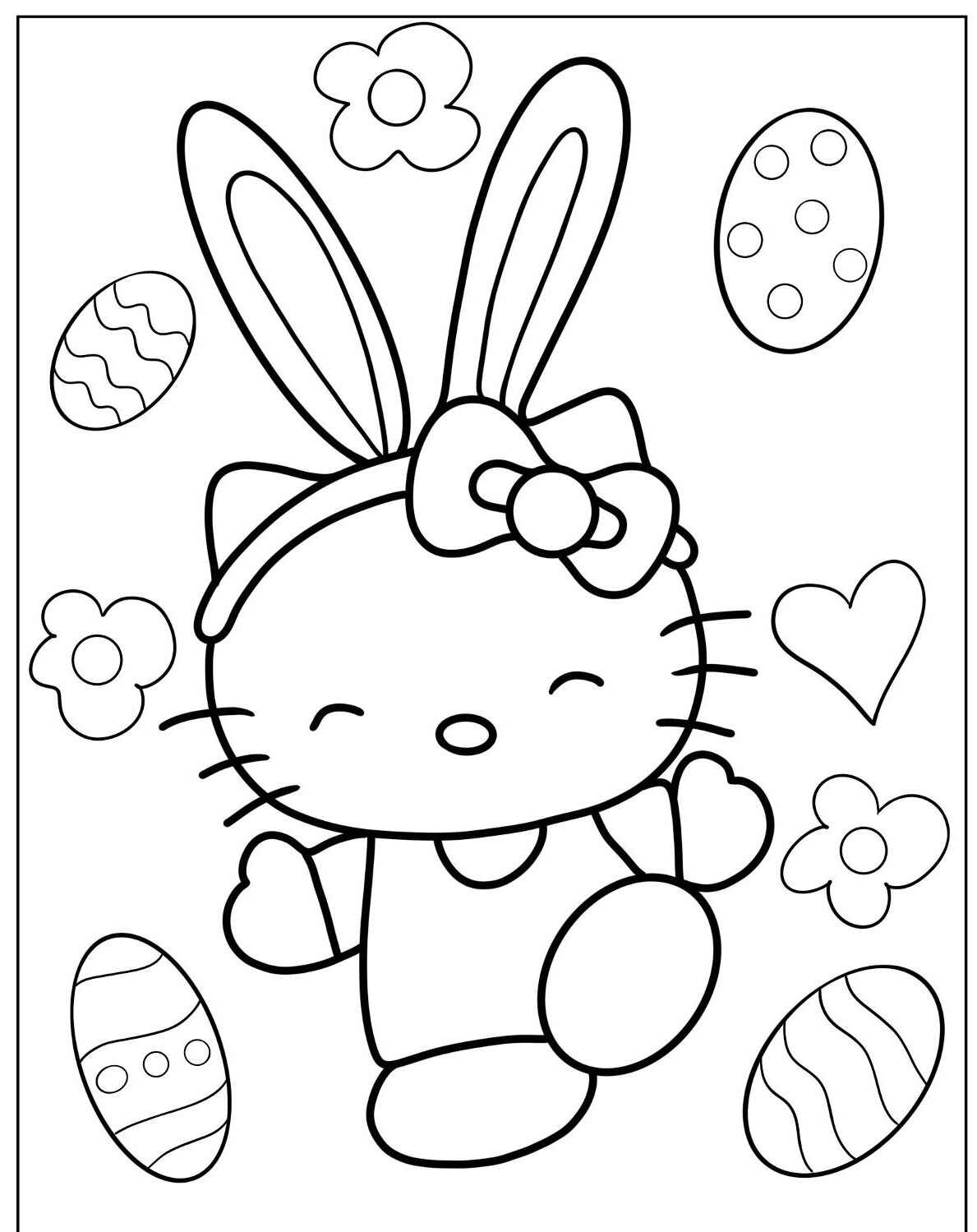 Desenho da Hello Kitty coelho com ovos de Páscoa para colorir