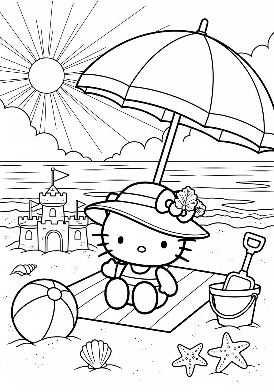 Desenho da Hello Kitty na praia para imprimir e colorir
