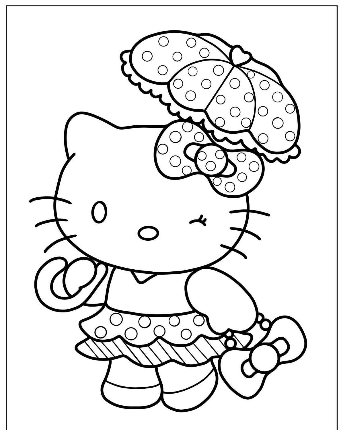 Desenho da Hello Kitty com guarda-chuva para imprimir e colorir