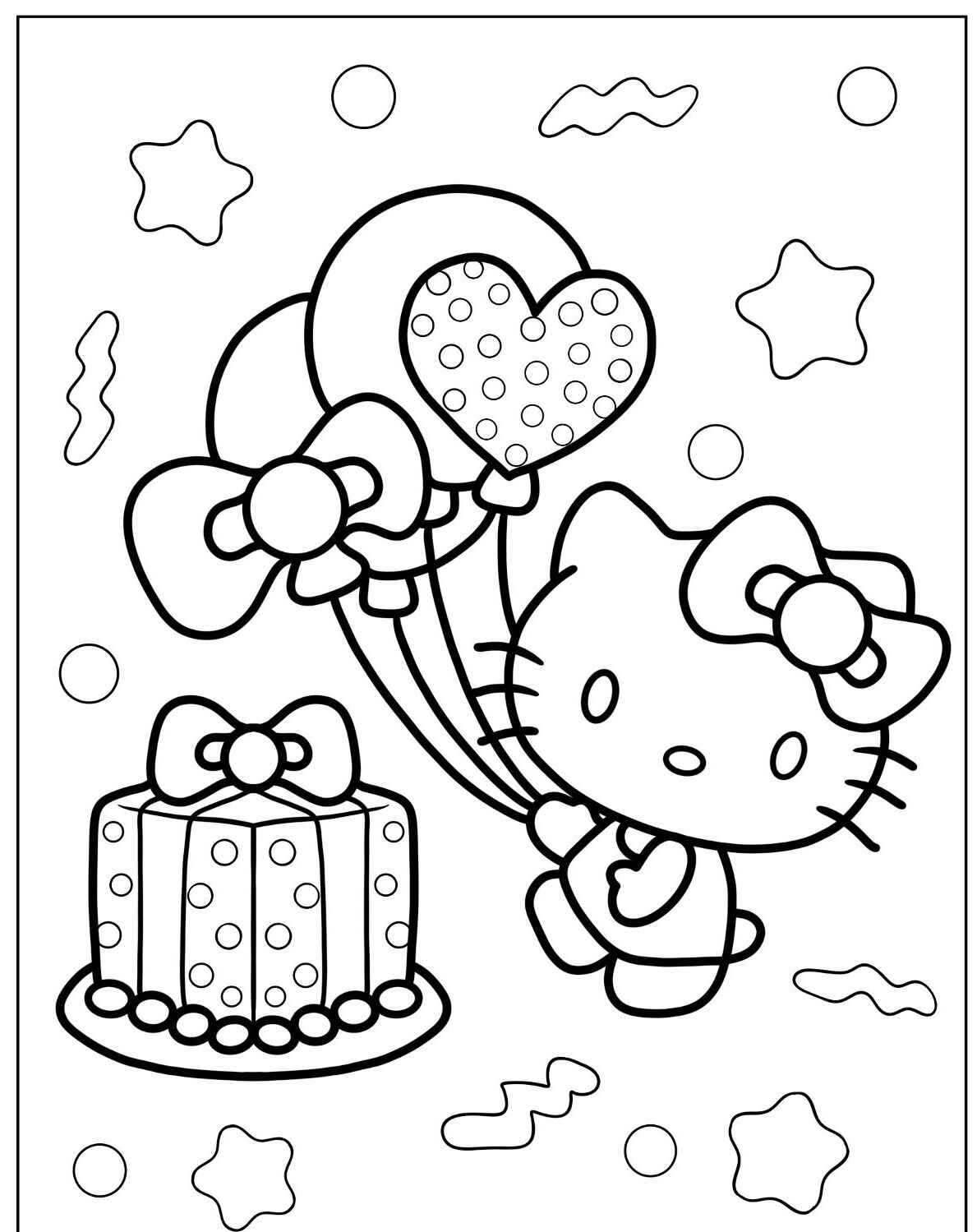 Desenho da Hello Kitty com balões e bolo para imprimir e colorir
