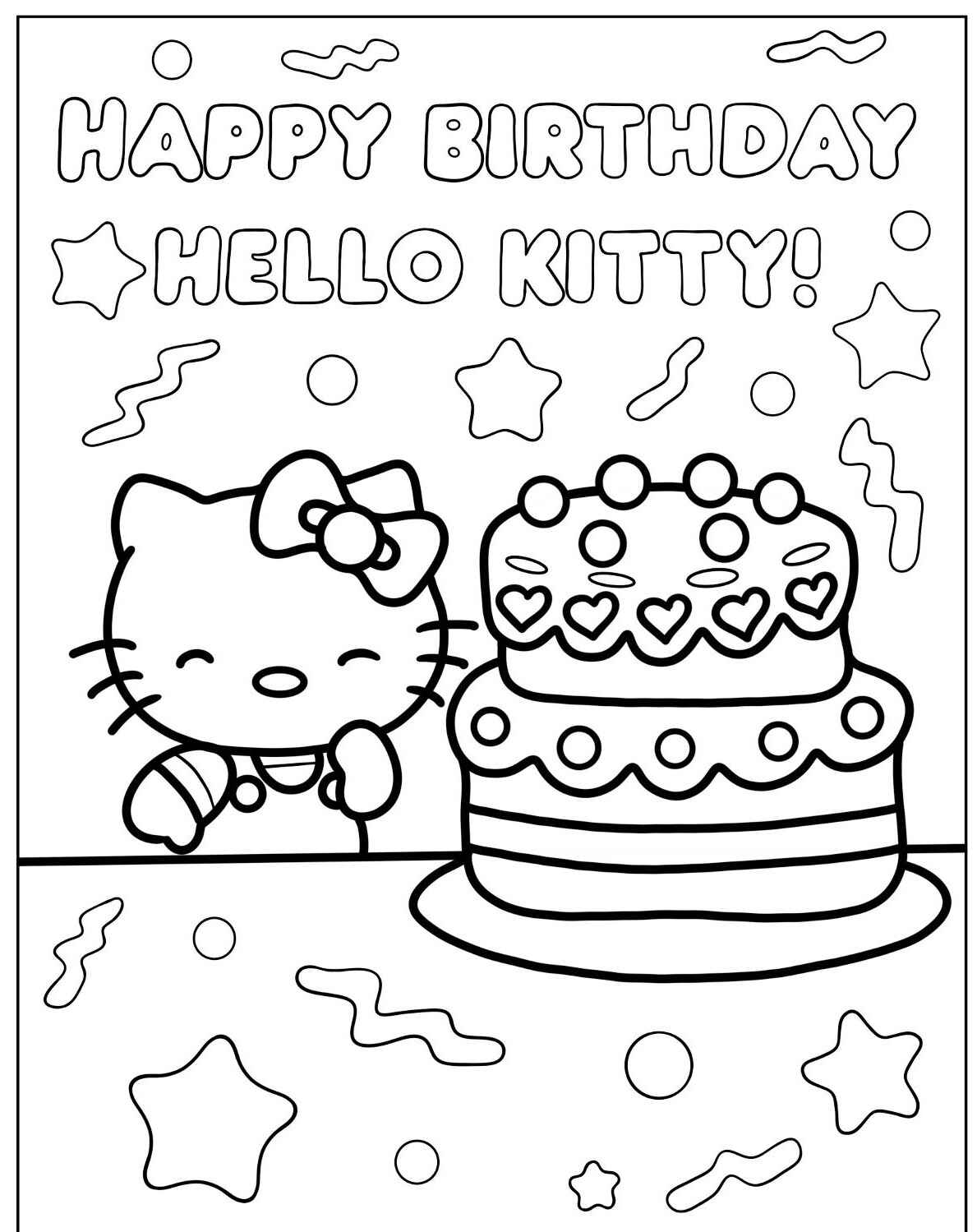 Desenho da Hello Kitty com bolo de aniversário para colorir