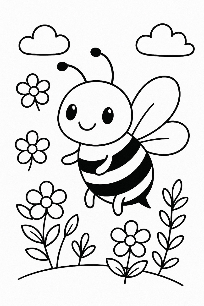 Desenhos de Abelha: Abelha fofa voando entre flores