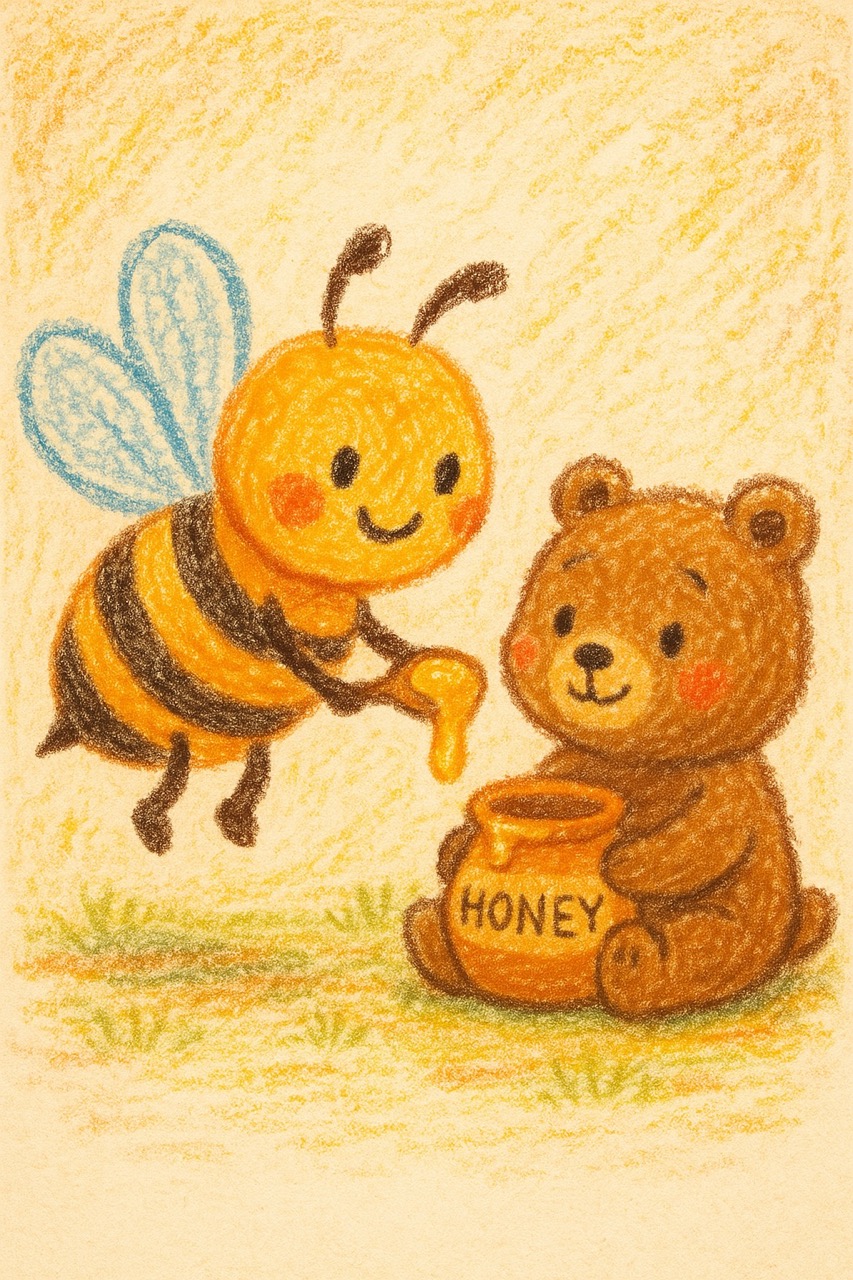 Desenhos de Abelha: abelha fofa interagindo com um ursinho
