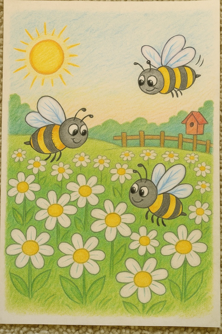 Desenhos de Abelha: Abelha fofa voando entre flores para desenhar