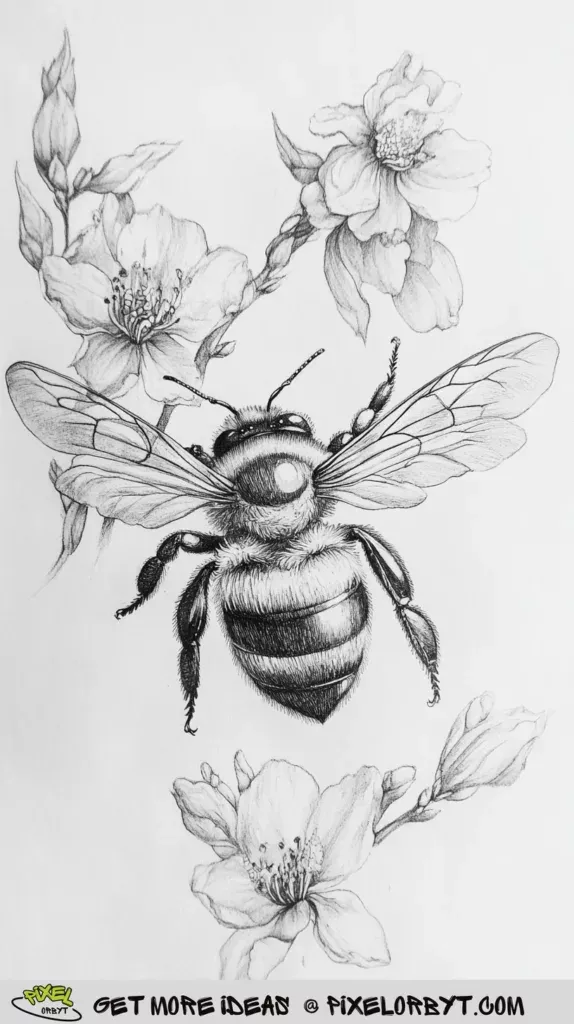 Desenhos de Abelha: Abelha realista entre flores para desenhar