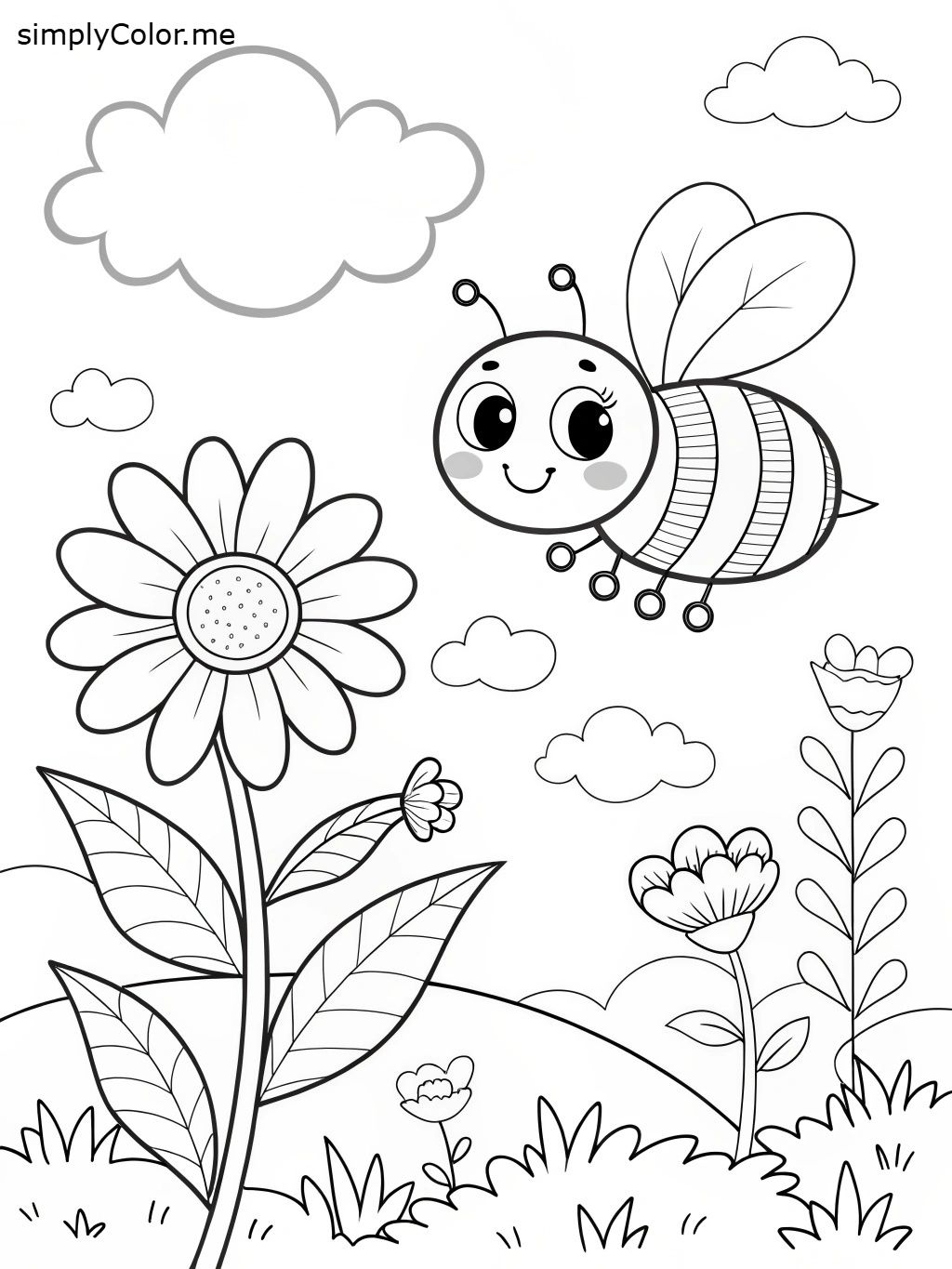 Desenhos de Abelha: Abelha fofa voando entre flores para desenhar