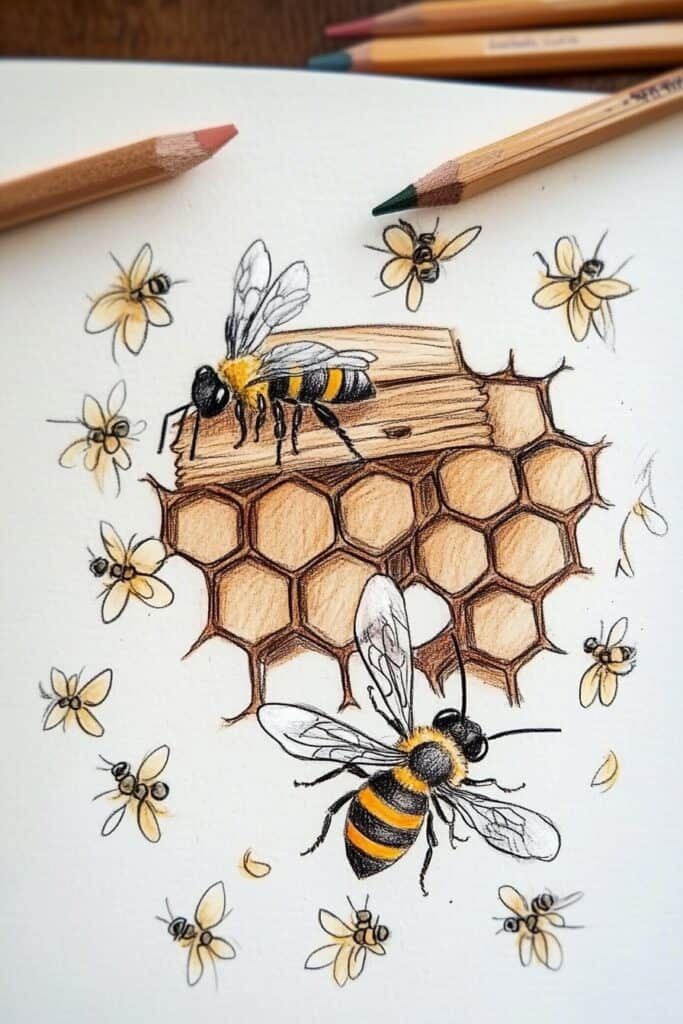 Desenhos de Abelha: colmeia com abelhas fofas para desenhar