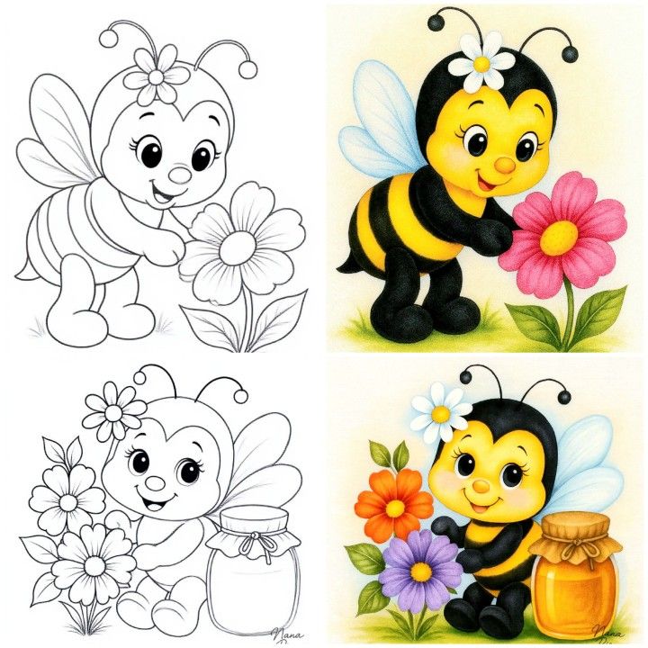 Desenhos de Abelha: Abelha fofa com flores para desenhar