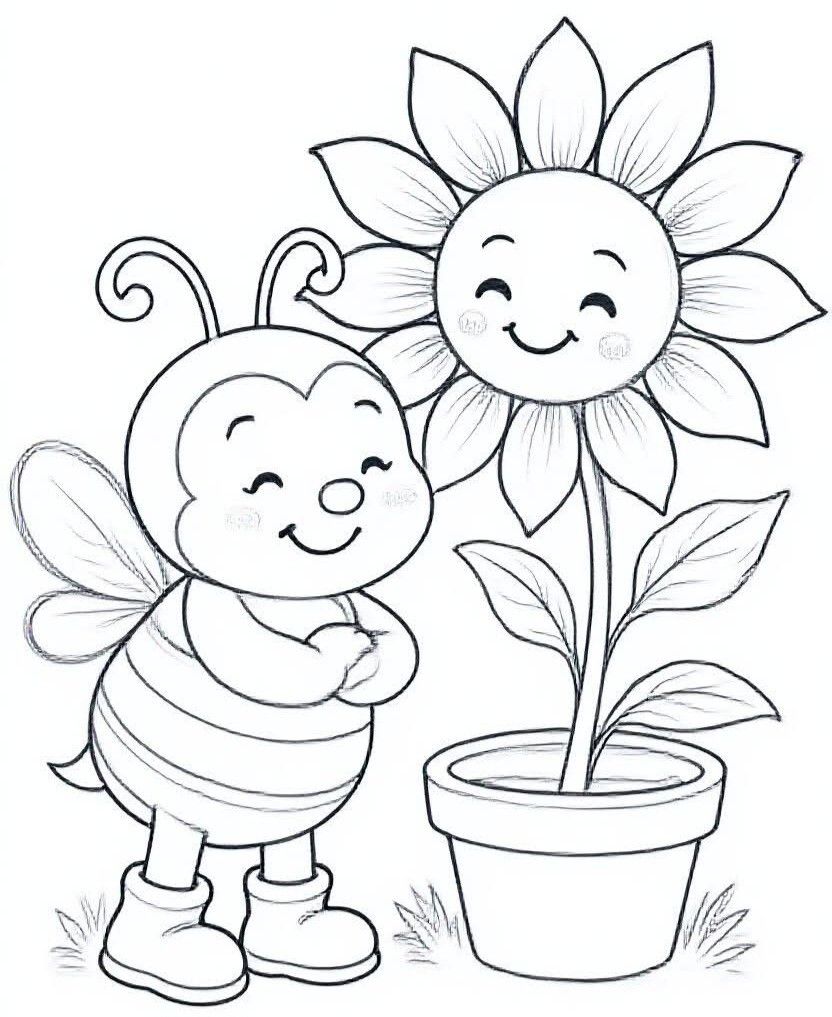Desenhos de Abelha: Abelha fofa com flor sorridente para desenhar