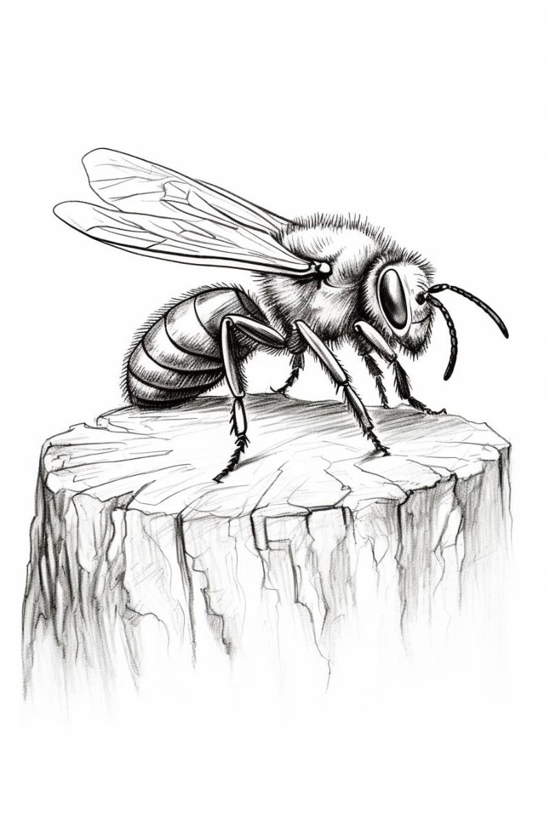 Desenhos de Abelha: Abelha realista em tronco para desenhar