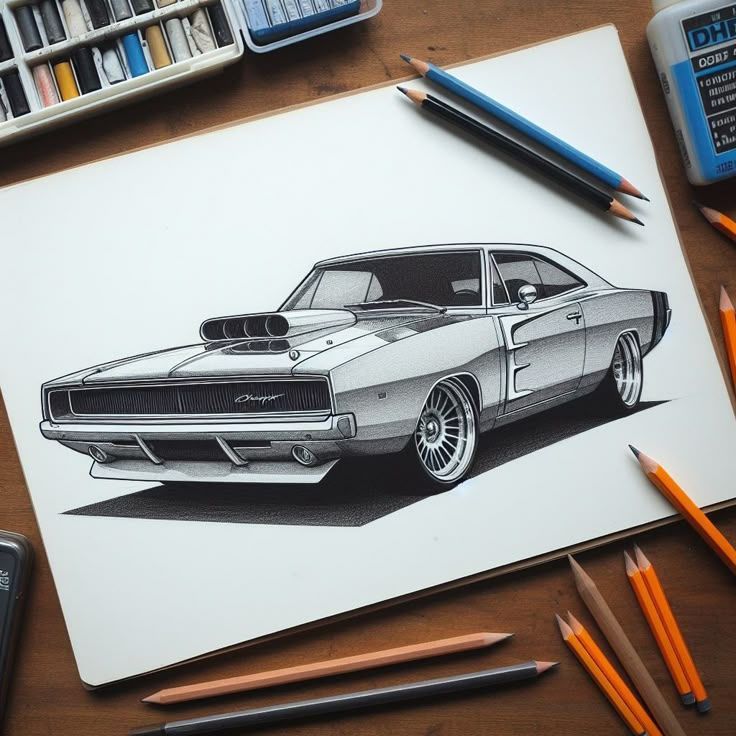 Desenho de Carro: Carro clássico realista a lápis
