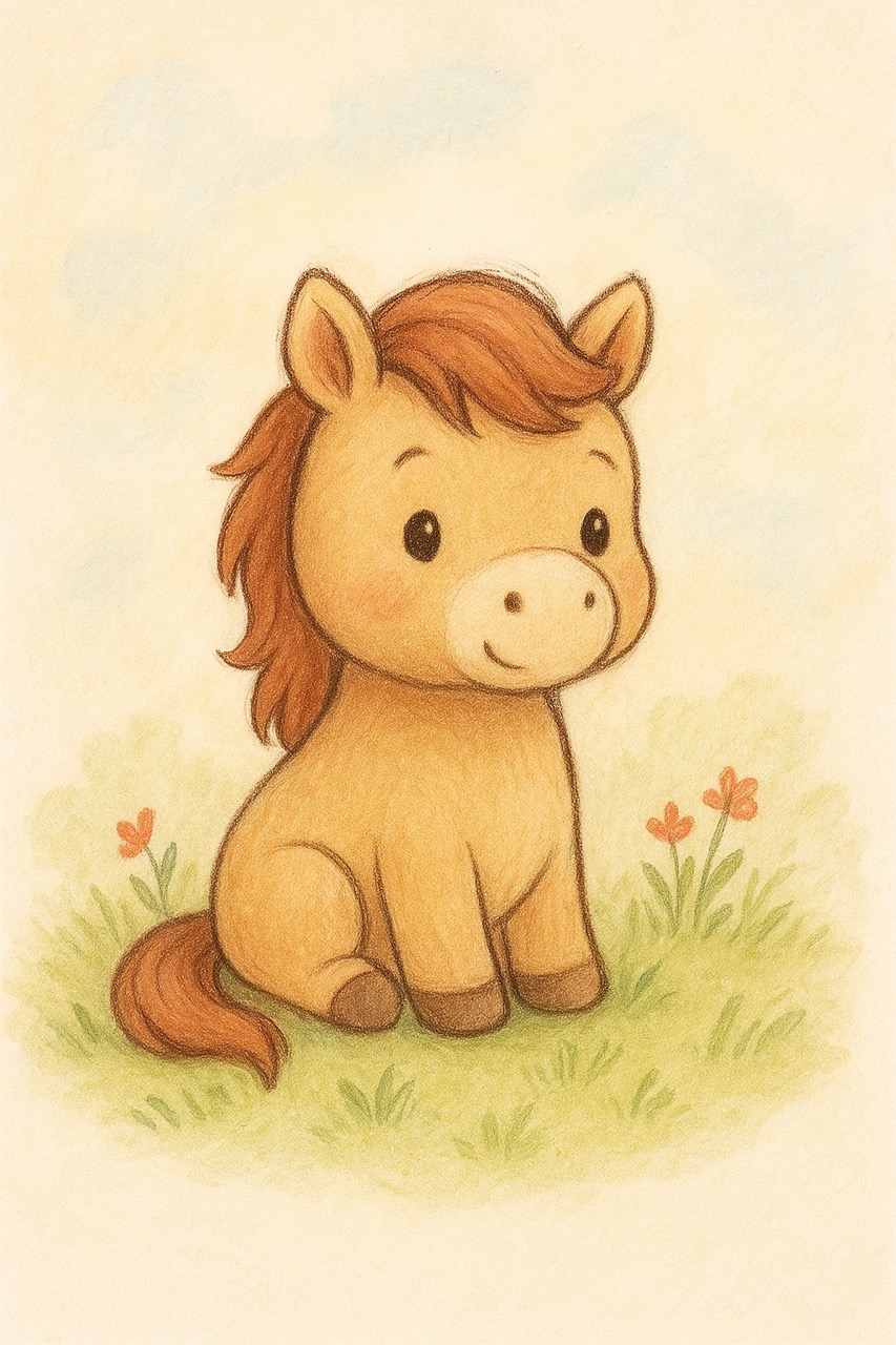 Desenhos de Cavalo: Cavalo fofo sentado em flores simples