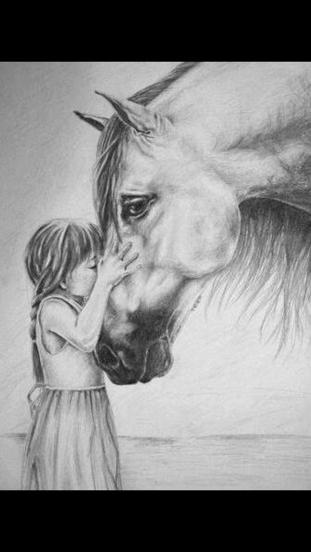Desenhos de Cavalo: Criança beijando cavalo realista a lápis