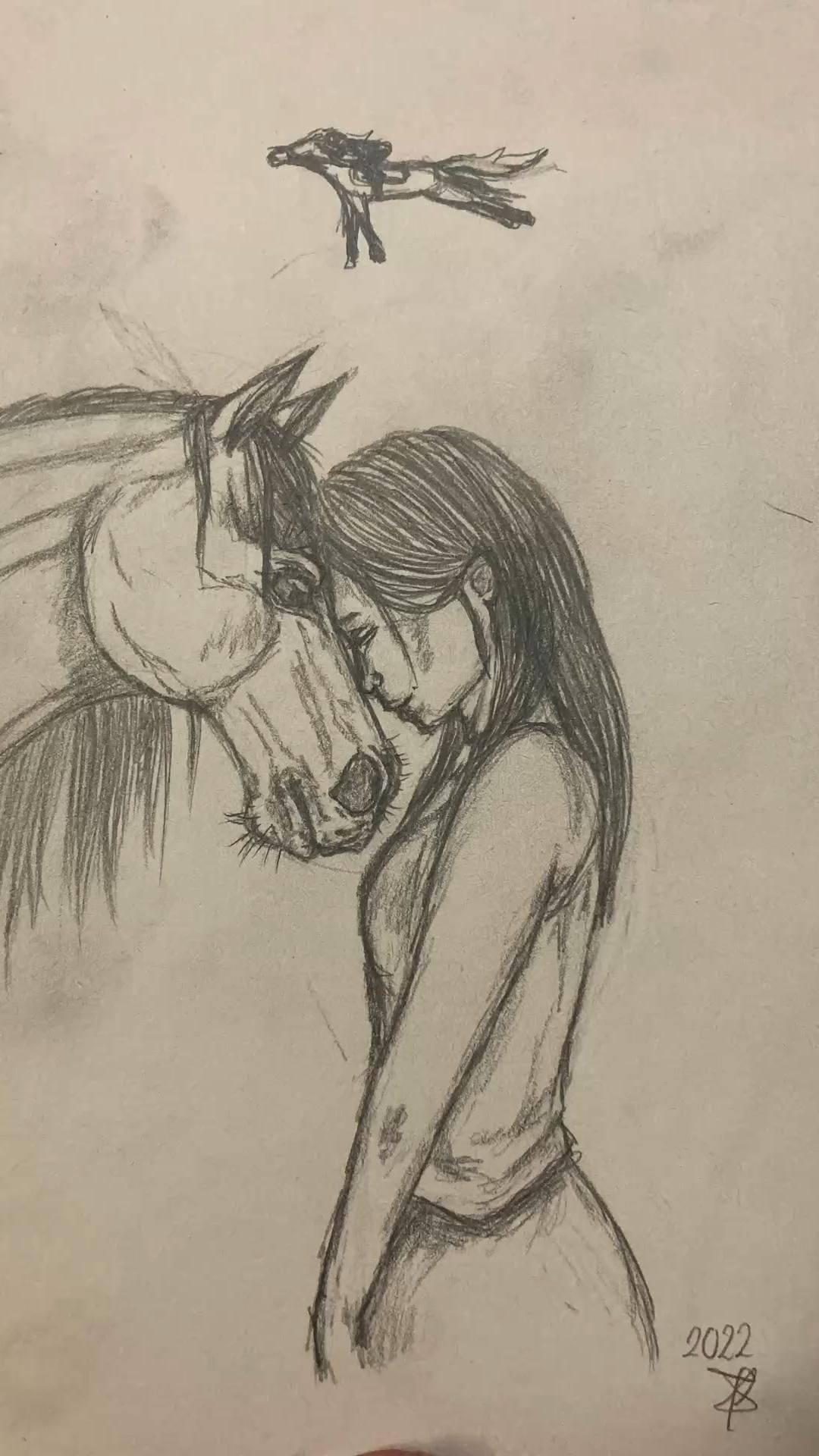 Desenhos de Cavalo: desenho realista de cavalo e garota
