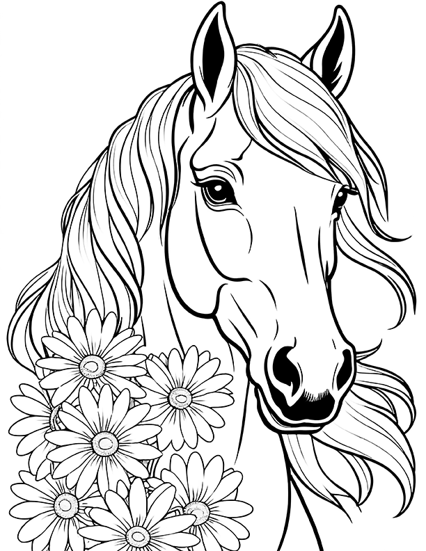 Desenhos de Cavalo: Cavalo realista com flores simples para desenhar
