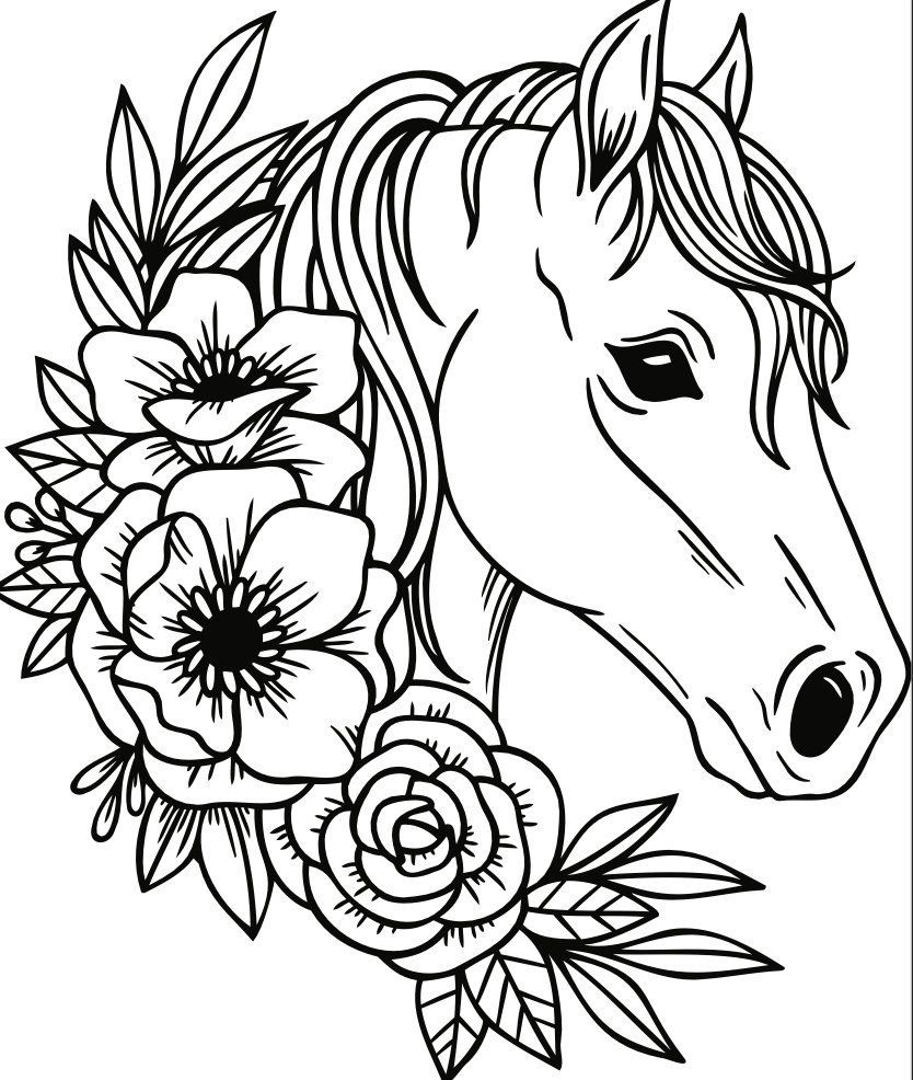 Desenhos de Cavalo: Cavalo com flores para desenhar fácil
