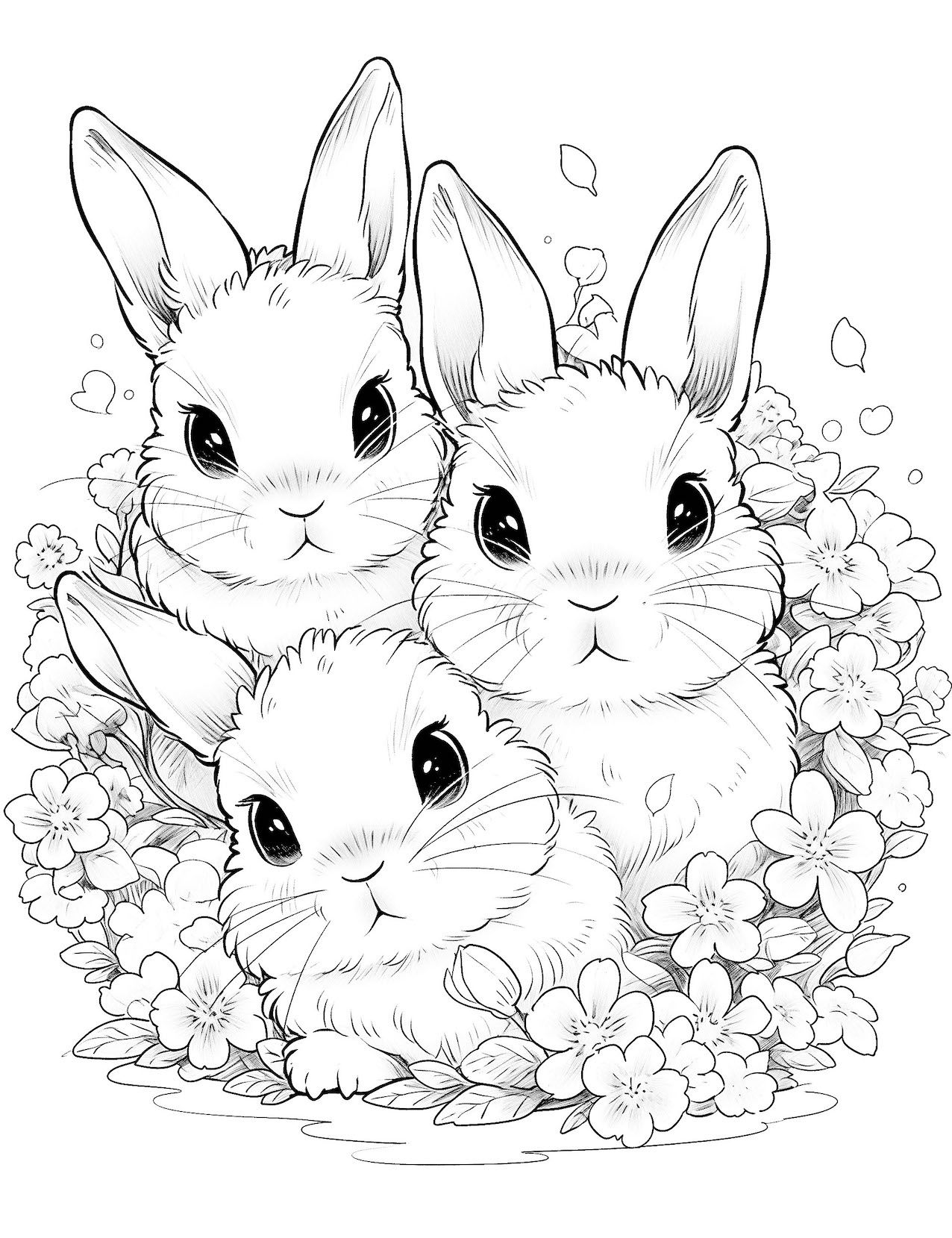 Desenho de Coelho: Três coelhos fofos em flores para desenhar