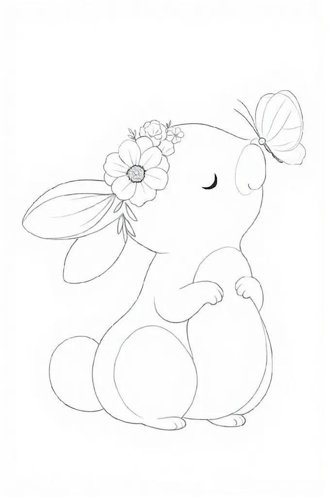 Desenho de Coelho: Coelho fofo com flores e borboleta a lápis