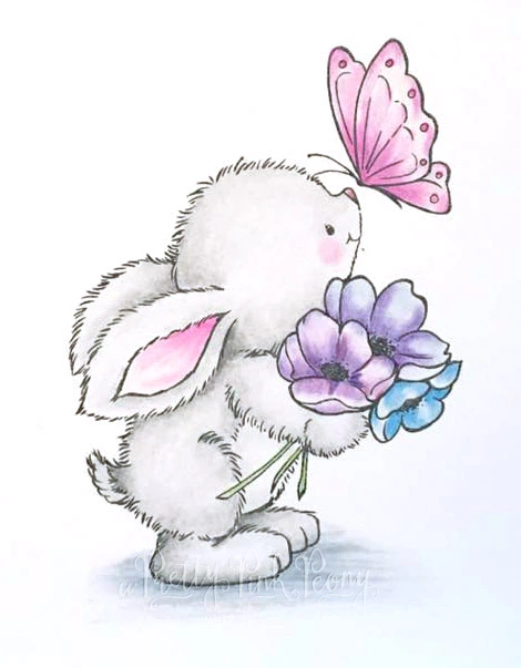Desenho de Coelho: Coelho fofo segurando flores e borboleta