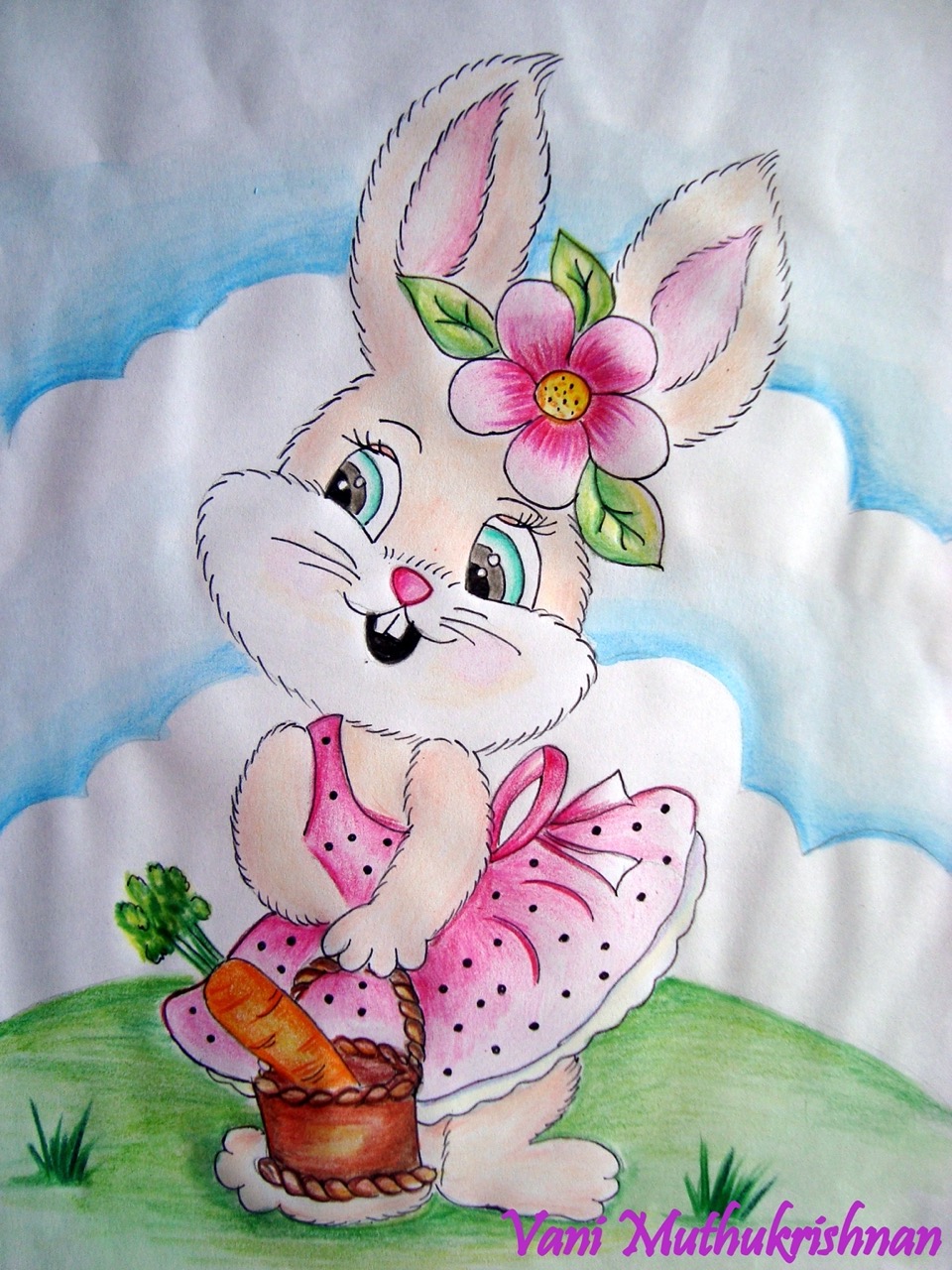 Desenho de Coelho: Coelha fofa com vestido e cenoura