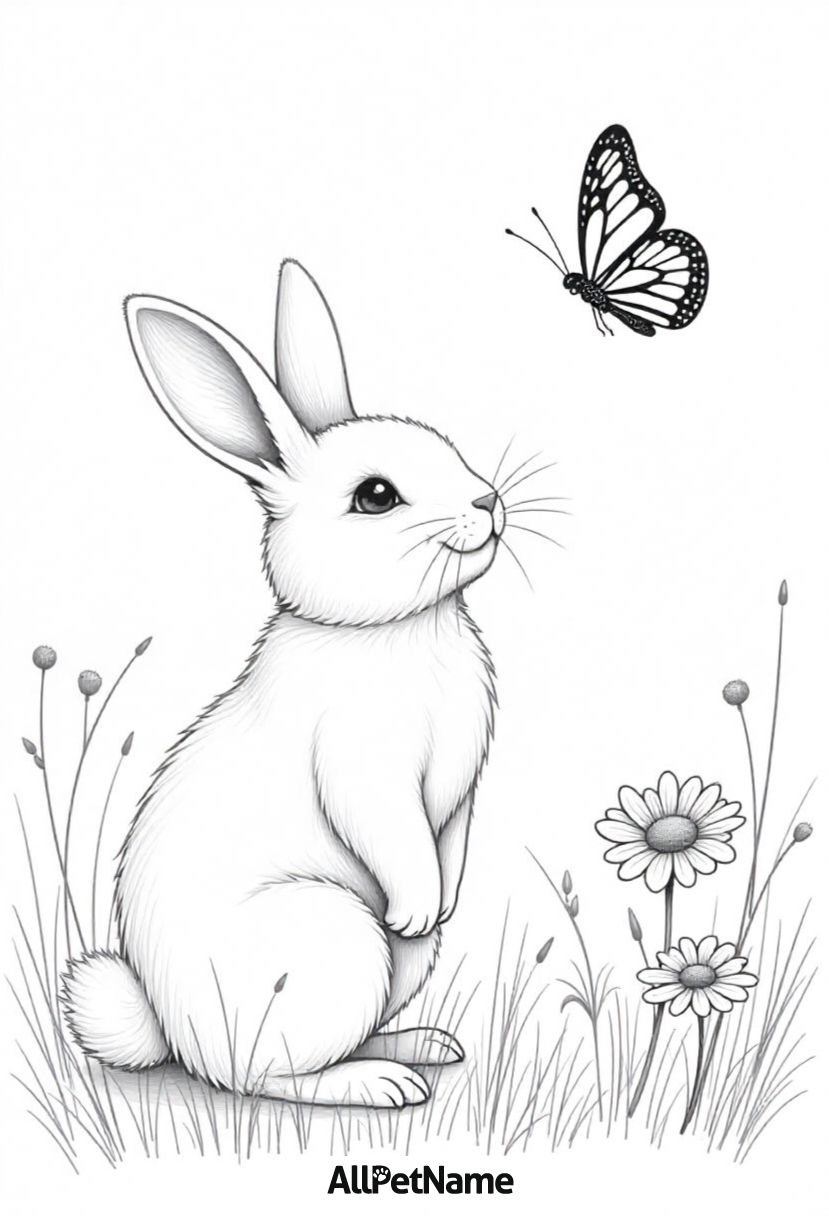 Desenho de Coelho: Coelho com borboleta em um campo