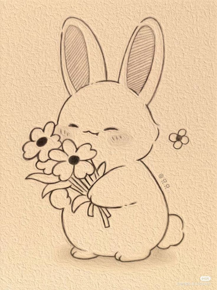 Desenho de Coelho: Fofo segurando flores para desenhar