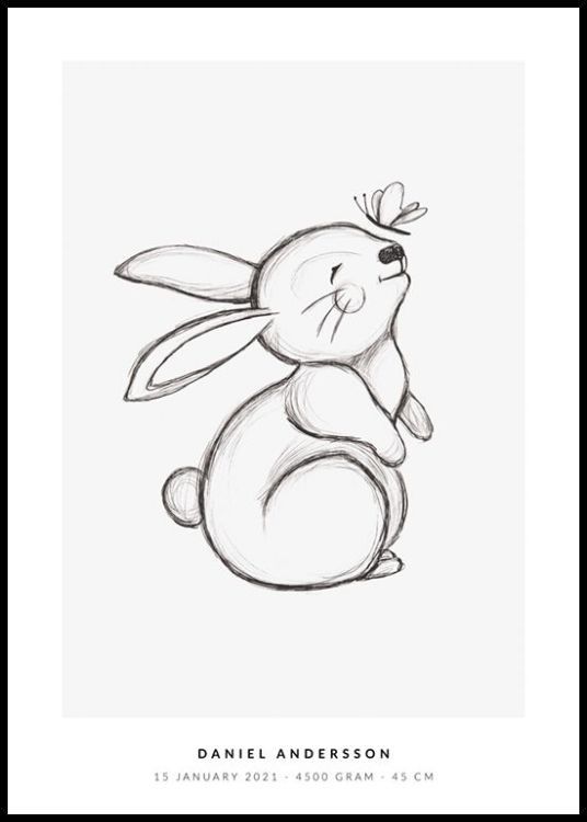 Desenho de Coelho: Coelho fofo com borboleta a lápis