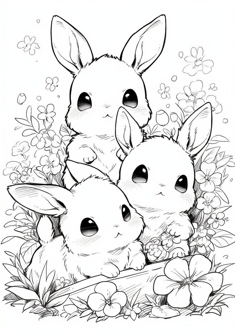 Desenho de Coelho: Três coelhinhos fofos com flores para desenhar