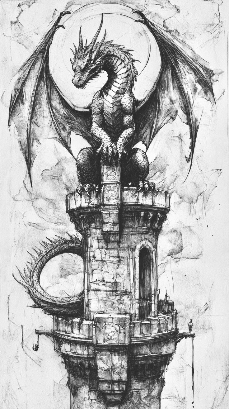 Desenho de Dragão: Dragão imponente em torre antiga para desenhar
